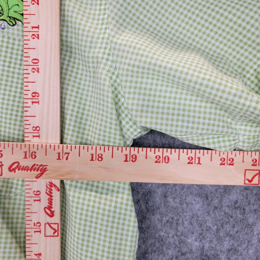 Las Olas Shirt Womens M Green Gingham Embroidered Frog Button Up Short Sleeve - Picture 10 of 12